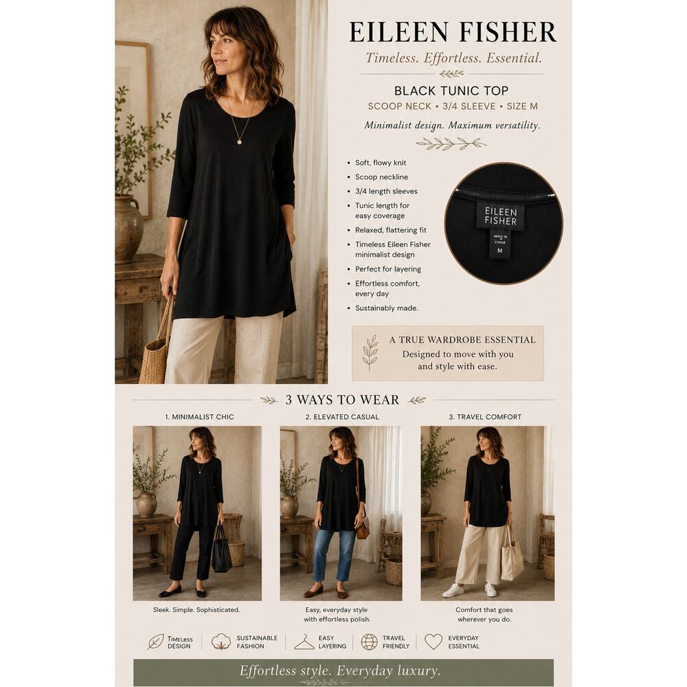 Eileen Fisher Tunic Black Shirt SZM Scoop Neck Minimalist Elevated Basic